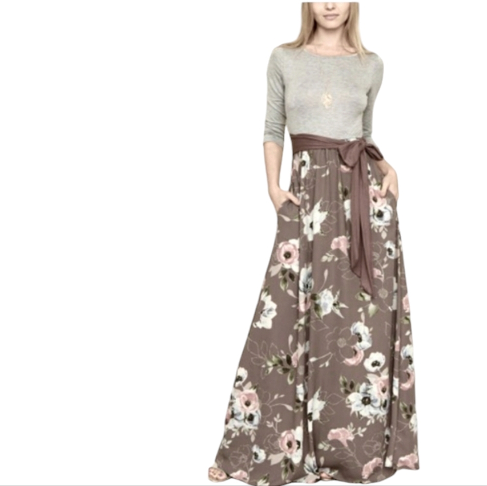 Nwot Egy Resortwear 3/4 Sleeve Gray Top Floral Chiffon Skirt Maxidress